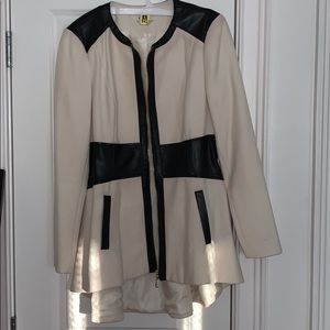Black faux leather and cream BeBe blazer/coat
